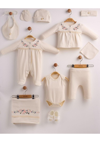 Sıralı Çiçekli 10'lu Organik Hastane Çıkış Seti %100 Pamuk Yenidoğan 10'lu Takım