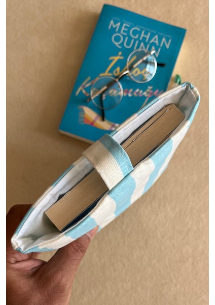 Mavi Çizgili Keten Kitap Kılıfı indirimleri