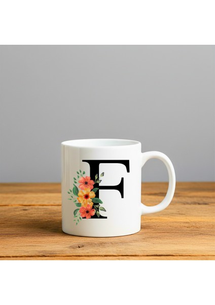 Çiçek Desen F Harfi Tasarımlı-Kişiye Özel Seramik Kupa