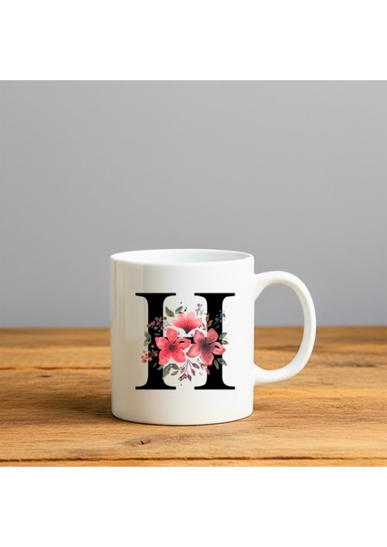 Çiçek Desen H Harfi Tasarımlı-Kişiye Özel Seramik Kupa