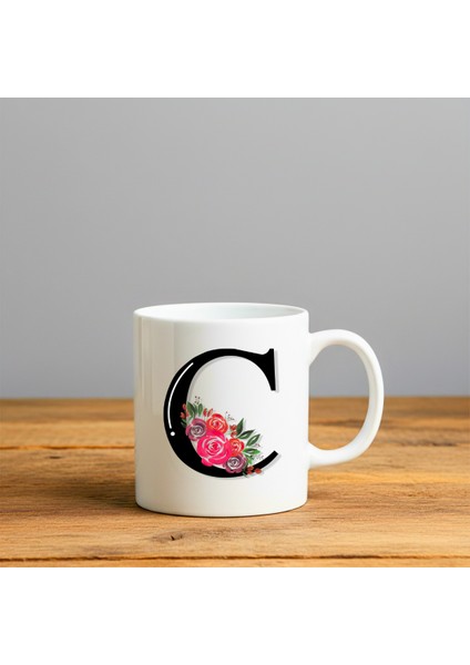 Çiçek Desen C Harfi Tasarımlı-Kişiye Özel Seramik Kupa