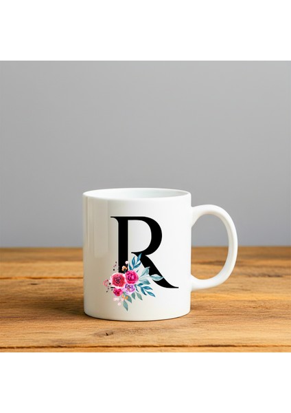 Çiçek Desen R Harfi Tasarımlı-Kişiye Özel Seramik Kupa