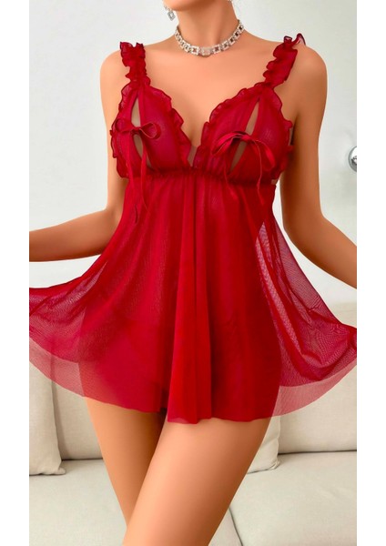 Kadın Kırmızı Tül Gecelik Fırfırlı Fiyonklu Şık Giysi Tanga Hediyeli İç Giyim Seksi Gecelik Fantezi İç Giyim