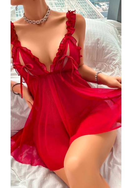 Kadın Kırmızı Tül Gecelik Fırfırlı Fiyonklu Şık Giysi Tanga Hediyeli İç Giyim Seksi Gecelik Fantezi İç Giyim fiyatları