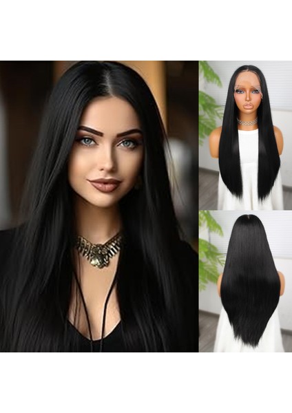 Siyah Fiber Sentetik Düz Tül Peruk