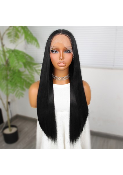 Siyah Fiber Sentetik Düz Tül Peruk modelleri