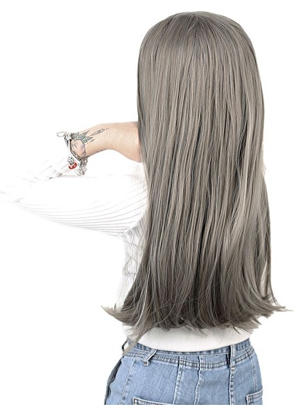 Fiber Sentetik Uzun Düz Peruk / Koyu Gri modelleri