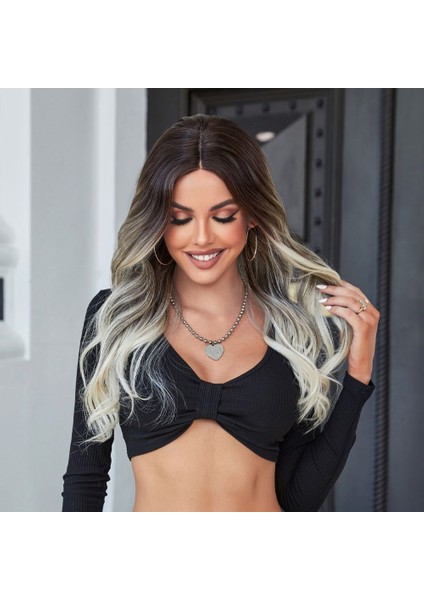 Koyu Kestane Ombre/ Kumral Beyaz Platin Röfleli Tül Peruk