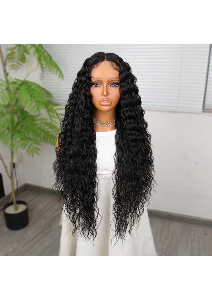 Yoğun Dalga Siyah Fiber Sentetik Geniş T Tül Peruk