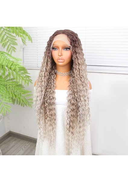 Afro Dalga Rus Kumralı Beyaz Platin Ombreli Işıltılı Fiber Sentetik Tül Peruk modelleri