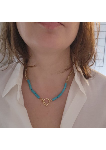 Özel Tasarım Turkuaz Taşlı Gold Örme Kolye