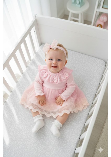 Kız Bebek Mevlütlük Elbise Bandanalı Dantelli ELB1072