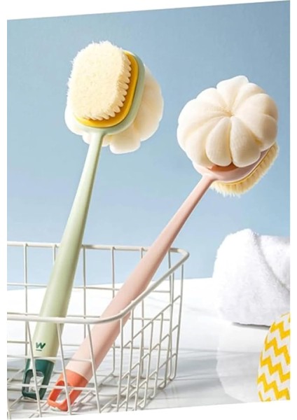 Busstier Uzun Saplı Çift Taraflı Duş Fırçası Kıl ve Lifli Masaj Etkili Vücut Temizleme Peeling Fırçası Sırt ve Cilt Bakımı Için