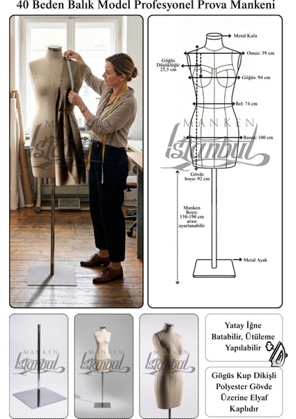 40 Beden Profesyonel Fransız Göğüs Kuplu Balık Model Terzi Mankeni Prova Mankeni