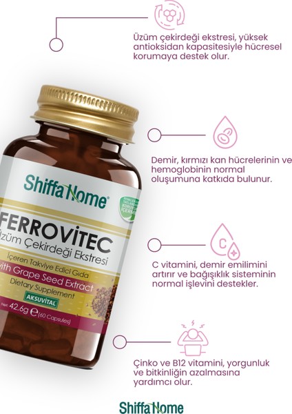 Aksuvital Ferrovitec Üzüm Çekirdeği Ekstresi 60 Kapsül modelleri