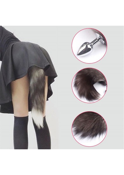 Tilki Kuyruğu Paslanmaz Çelik Anal Plug/gri-Beyaz