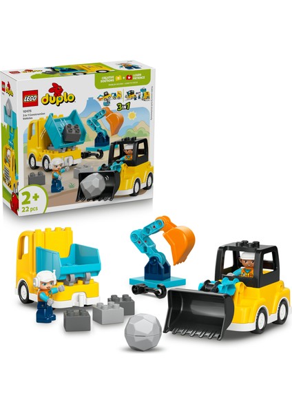 LEGO® DUPLO® Kasabası 3'ü 1 Arada İnşaat Araçları 10475 - 2 Yaş ve Üzeri Çocuklar için Yaratıcı Oyuncak Yapım Seti (22 Parça)