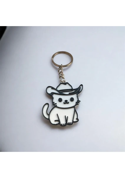 Kovboy Kedi Figürlü 3D Baskı Anahtarlık – Beyaz -Pla Malzeme