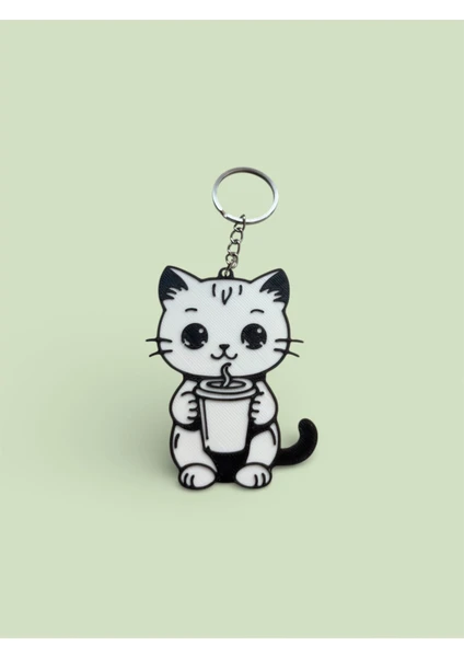 Kahve Bardağı Tutan Kedi Figürlü 3D Tasarım Anahtarlık – Beyaz – Pla Malzeme