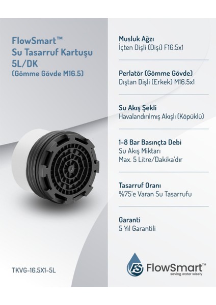 Gömme Su Tasarruflu Aeratör 5 L/dk. | ØM16.5| %75’e Varan Su Tasarrufu fiyatları
