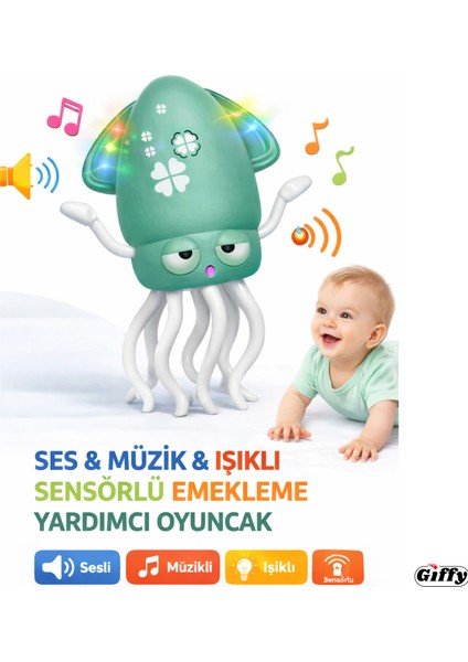 Giffy Oyuncak Sesli Işıklı Sensörlü Akıllı Emekleme Oyuncağı – Bebekler Için Hareket Teşvik Edici Eğitici Kali Dans Eden Şarjlı, Ledli , Işıklı ve Müzikli Dansçı Ahtapot Kali