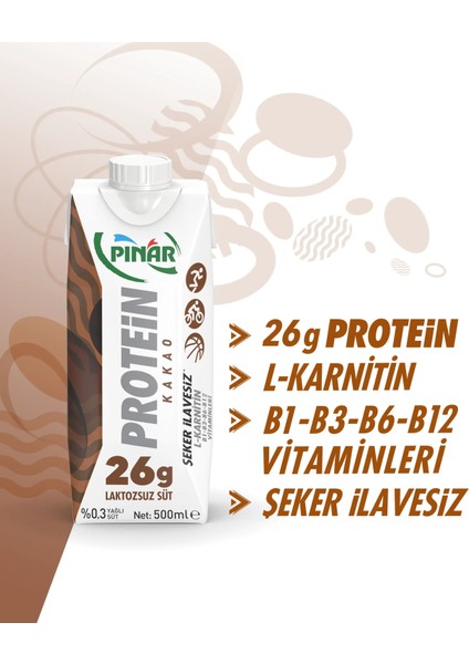 Kakaolu Protein Süt 500 ml x 12 Adet 26g Protein İçeren Laktozsuz Kakaolu İçecek