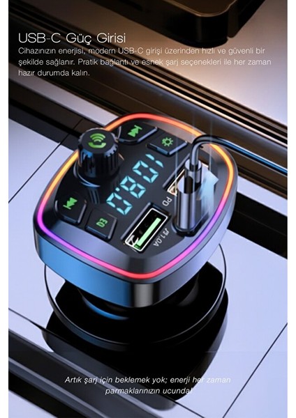 Bluetooth Araç Çakmaklık FM Transmitter | 48W PD Hızlı Şarj | Çift Mikrofon | Araç Şarj Cihazı