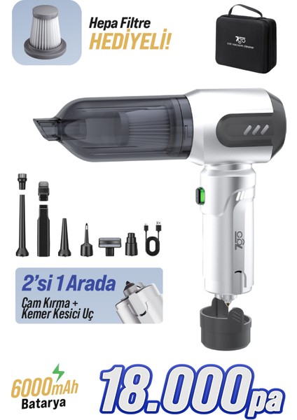 7Go Ahv-14 2'si 1 Arada Kablosuz Araç Içi Süpürge Gümüş | 18000PA Güçlü Vakum + Üfleme | Cam Kırıcı & Kemer Kesici Acil Durum Özellikli