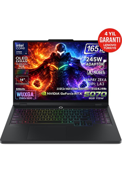 Lenovo Legion Pro 5 16IAX10 Intel Core Ultra 9 275HX 32GB 1TB SSD RTX 5070 8GB 16" WQXGA (2560X1600) OLED 165Hz 115W Freedos Taşınabilir Bilgisayar 83F3008BTR
