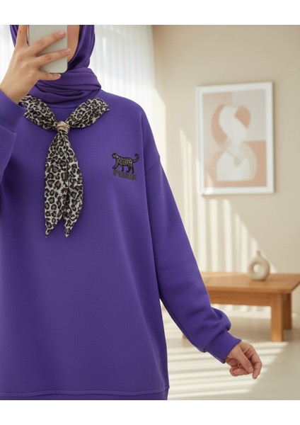 Fularlı Leopar Armalı 3 İplik Sweat -Mor fiyatları