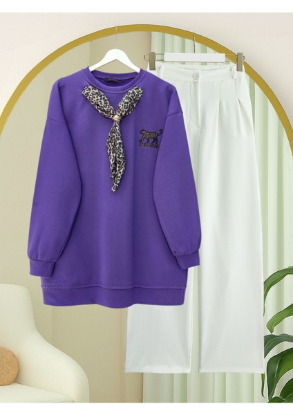 Fularlı Leopar Armalı 3 İplik Sweat -Mor modelleri