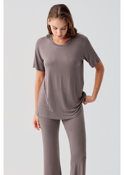 Kısa Kollu Basic Ispanyol Paça Esnek Viskoz Pijama Takım 19213 modelleri
