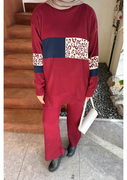 Desenli Triko Takım Bordo modelleri