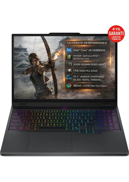 Lenovo Legion 5 15IRX10 Intel Core I9-14900HX 32GB 1TB SSD RTX 5070 8GB 15.1" WQXGA (2560X1600) OLED 165Hz 115W Freedos Taşınabilir Bilgisayar 83LY00L1TR
