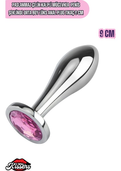 Paslanmaz Çelik Gümüş Mücevher Kavisli Orta Boy Lüks Anal Plug 9 cm