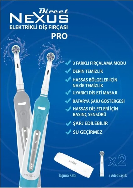 Elektirikli Diş Fırçası Orta Sertlikte Kıllar ile 2 Yedek Başlık ve Sert Plastik Seyahat Kabı