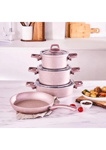 Biogranit Rose 7 Parça Tencere Seti Granit Malzemeden Yapışmaz Kaplama ile 18 cm Ebat