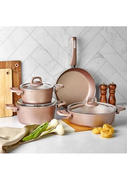 Biogranit Rose 7 Parça Tencere Seti Granit Malzemeden Yapışmaz Kaplama ile 18 cm Ebat