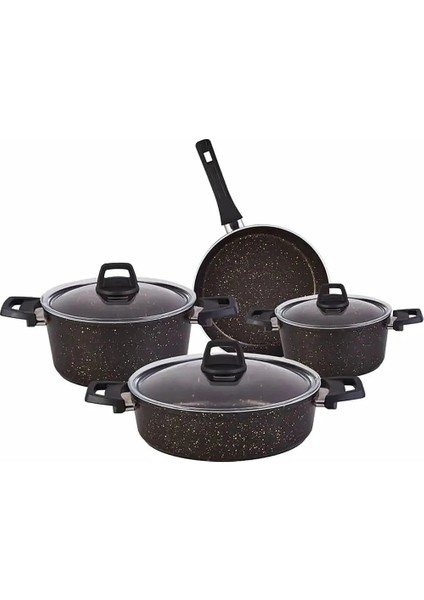 Biogranit Blackgold Derin Tencere Seti Granit Kaplama 7 Parça Siyah Ebatlar 18-22-26 cm
