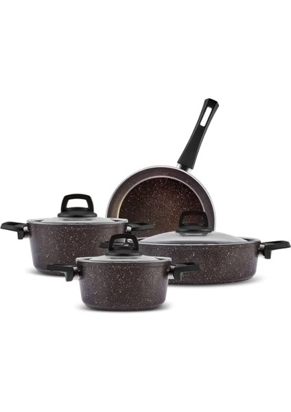 Biogranit Blackgold Derin Tencere Seti Granit Kaplama 7 Parça Siyah Ebatlar 18-22-26 cm