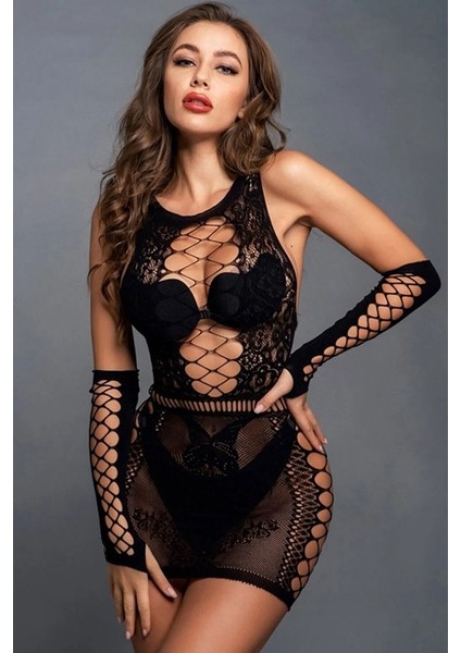 Siyah Mini Elbise Eldivenli Fantazi Vücut Çorabı Standart Beden Kadın İçin Şık Tasarım