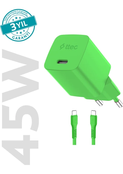Ttec Smartcharger Gan 45W AVS Pd Seyahat Hızlı Şarj Aleti + Usb-C - Usb-C 3A 120 cm Kablo Neon