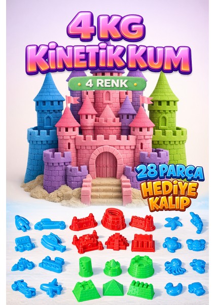 Kinetic Sand 4 kg Kinetik Kum 4 Renk ve 28 Adet Kum Kalıbı - Eğitici ve Öğretici Oyun Kumu Seti