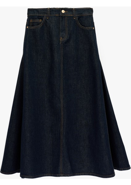 Pamuklu Düğmeli Volanlı Uzun Denim Etek