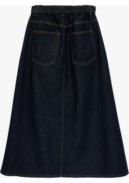 Pamuklu Düğmeli Volanlı Uzun Denim Etek