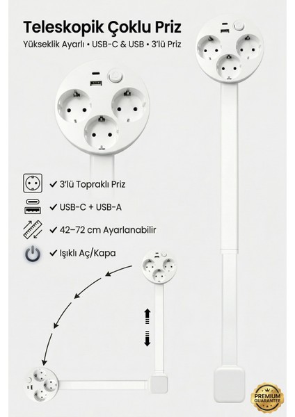 4Berry Teleskopik Çoklu Priz 3’lü Topraklı + Usb-C & Usb-A, Yükseklik Ayarlı, Işıklı Anahtarlı Uzatma Prizi