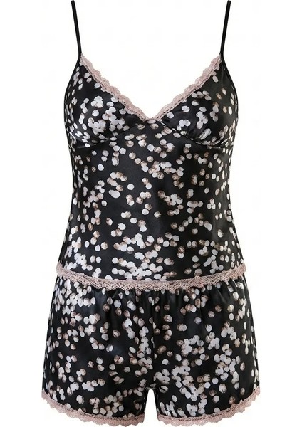 Puantiye Babydoll Ip Askı Saten Şort Takımı