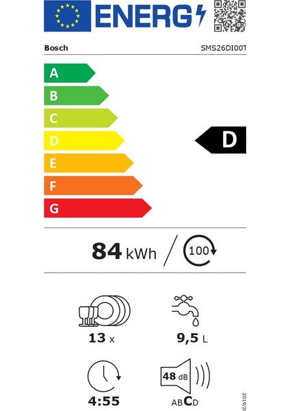 SMS26DI00T D Enerji Sınıfı 6 Programlı Solo Bulaşık Makinesi