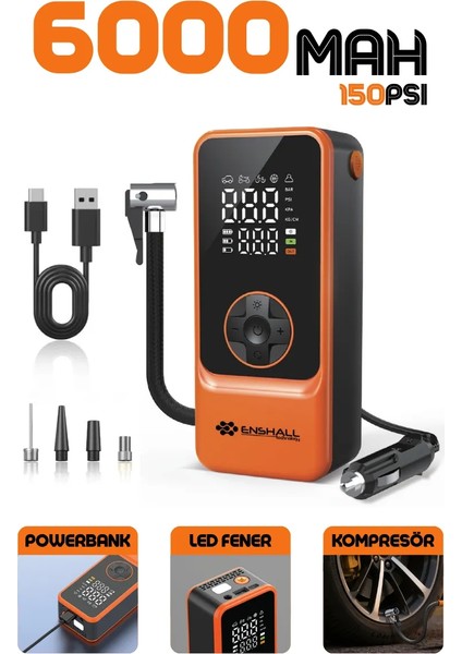 Enshall 6000MAH Şarjlı Mini LED Işıklı Araç Çakmaklık Kablolu Bisiklet, Top, Araç Lastik Şişirme Kompresörü