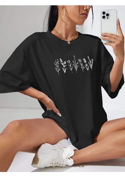 Baskılı Kadın Günlük Stil Siyah Oversize Tişört fiyatları